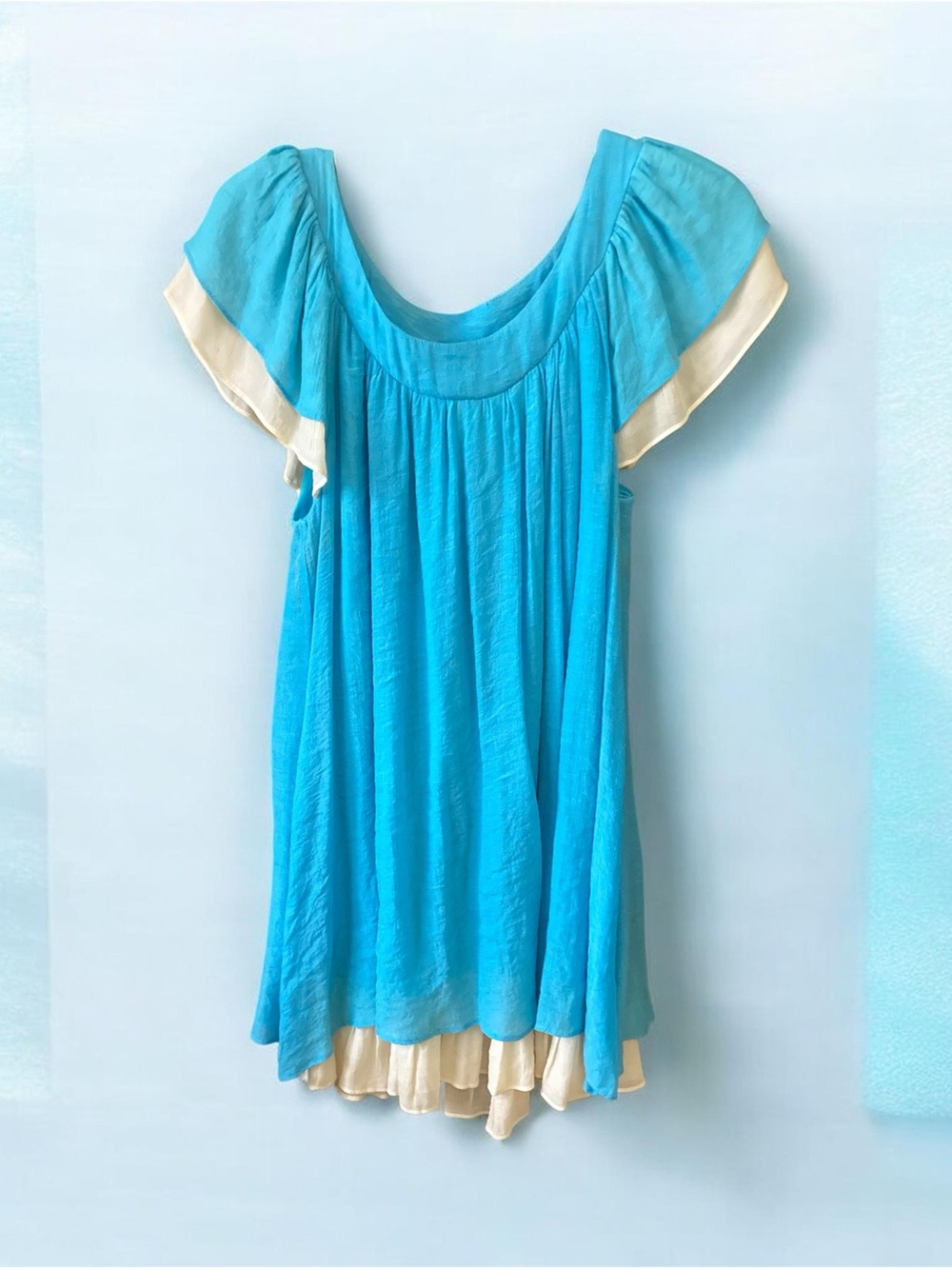Aqua Blue Flutter Sleeve baby doll dress with Cream Trim